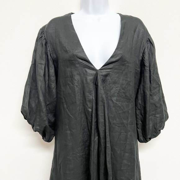 LJC Designs Womens Black Linen Puff Sleeve Pocketed Lagenlook Midi Dress Size L - Picture 3 of 6